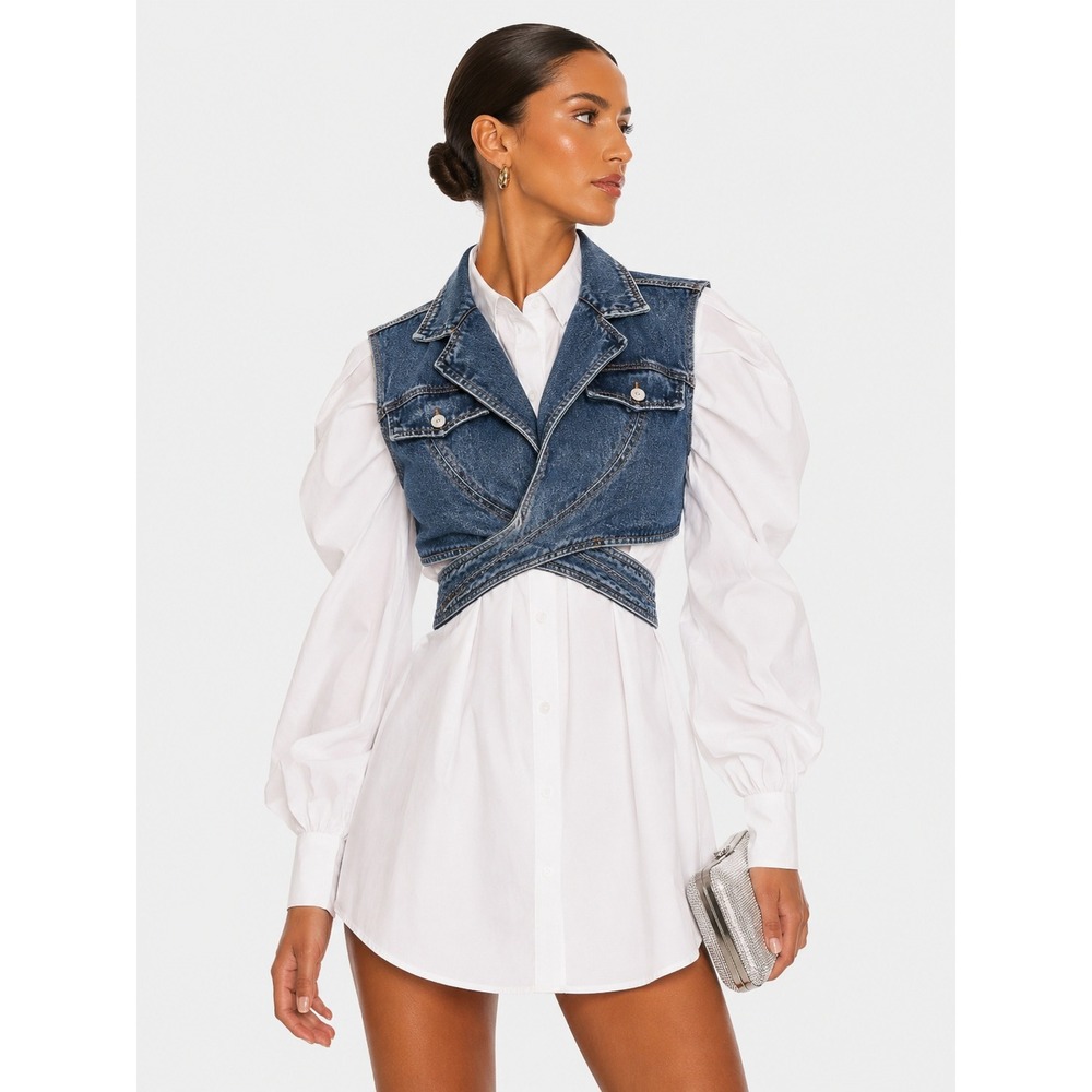 Dream Architect Blue Denim Jean Cropped Wrap Vest Top Pocketed Sleeveless L